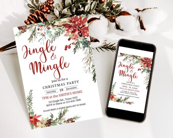 Peut inclure: Une invitation à une fête de Noël avec les mots "Jingle & Mingle" en écriture rouge. L'invitation comprend les détails d'une fête de Noël chez Smith, avec des accents floraux et de verdure. Un smartphone affiche la même invitation.