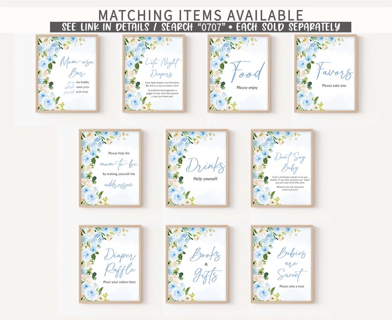 Puede incluir: Diez carteles imprimibles para un baby shower con dise&ntilde;os florales azules y blancos. Los carteles incluyen "Barra de mimosas", "Pa&ntilde;ales nocturnos", "Comida", "Favores", "Ayuda a la futura mam&aacute;", "Bebidas", "Rifa de pa&ntilde;ales", "Libros y regalos", "No digas beb&eacute;", y "Los beb&eacute;s son dulces".