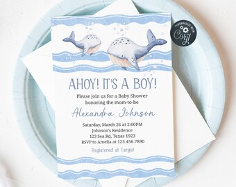 May include: Ahoy! It's a Boy! Baby shower invitation with a blue and white watercolor design featuring two whales. The invitation includes the text "Ahoy! It's a Boy!" and details for the shower, including the date, time, location, and RSVP information. The invitation also includes the text "Registered at Target".