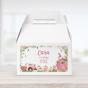 Étiquette modifiable de boîte de pignon d'anniversaire de ferme, étiquette de boîte de faveur d'anniversaire de basse-cour rose florale, étiquettes de première fête d'anniversaire d'animaux de ferme de fille 321BD