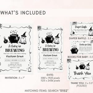 a collection of invitation designs for a baby shower, including a diaper raffle, a baby to brewing theme, and books for baby. The invitations feature various elements such as a witch hat, a witch's broom, and a witch's cauldron, along with text and illustrations.