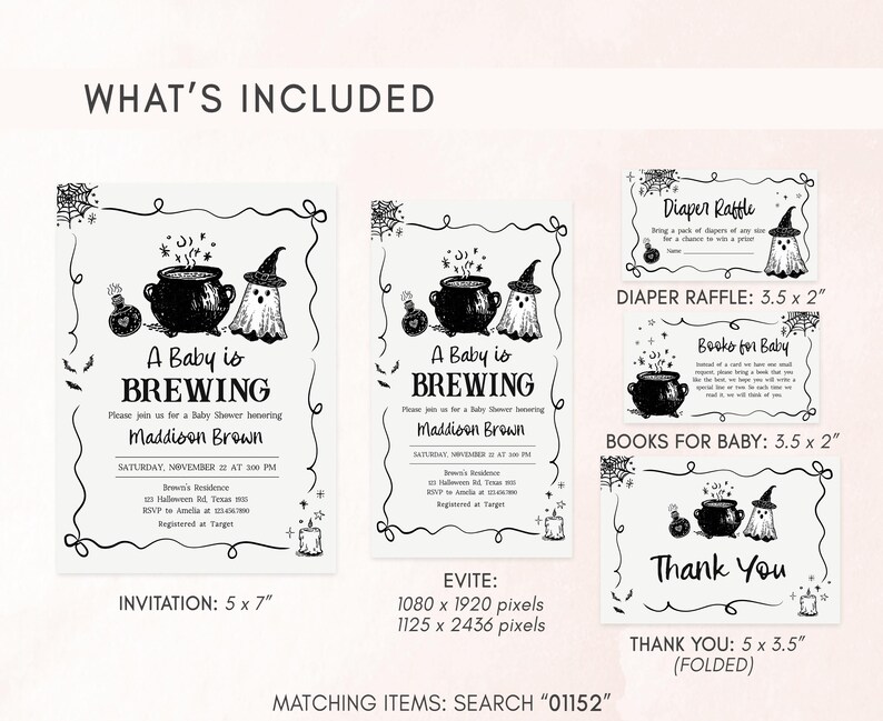a collection of invitation designs for a baby shower, including a diaper raffle, a baby to brewing theme, and books for baby. The invitations feature various elements such as a witch hat, a witch's broom, and a witch's cauldron, along with text and illustrations.