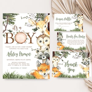 Editable Woodland Baby Shower Invitation Bundle, Woodland Boy Baby Shower Invite Set, Woodland Animals Forest Baby Shower Invite Pack, 0645