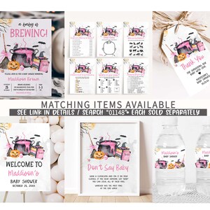 The image is a collage of various Halloween-themed items, including a baby shower invitation, a thank you card, and a set of matching items available for purchase.