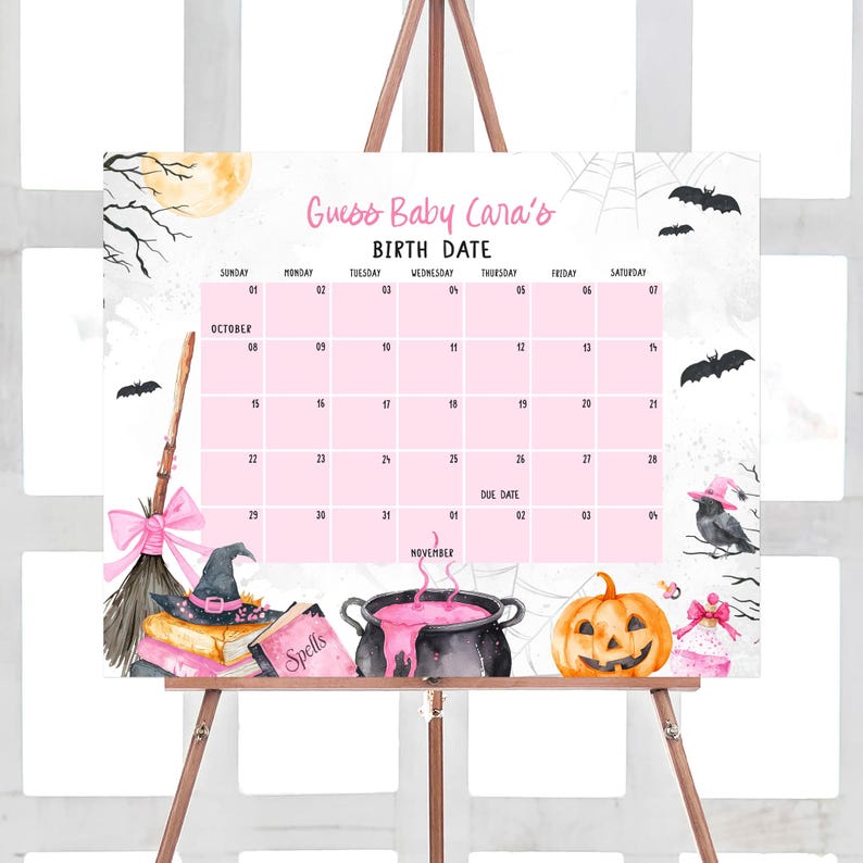 A calendar for guessing the baby's birth date, featuring Halloween-themed illustrations such as bats, pumpkins, and a broomstick.