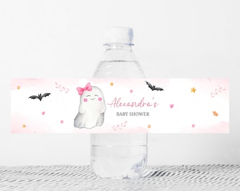Redigerbar rosa A Little Boo babyshower-flasketikett, flickaspöke Halloween babyshower-vattenetikett, flicka Halloween vattenflaskklistermärke, 0488
