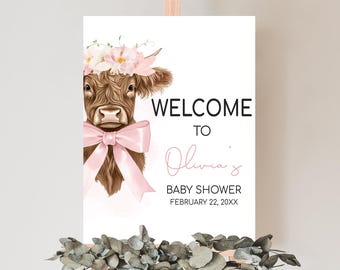 Cartello di benvenuto per baby shower con mucca delle Highlands, poster di benvenuto per baby shower con mucca delle Highlands rosa Coquette, cartello per baby shower con mucca di campagna floreale in stile boho 01047
