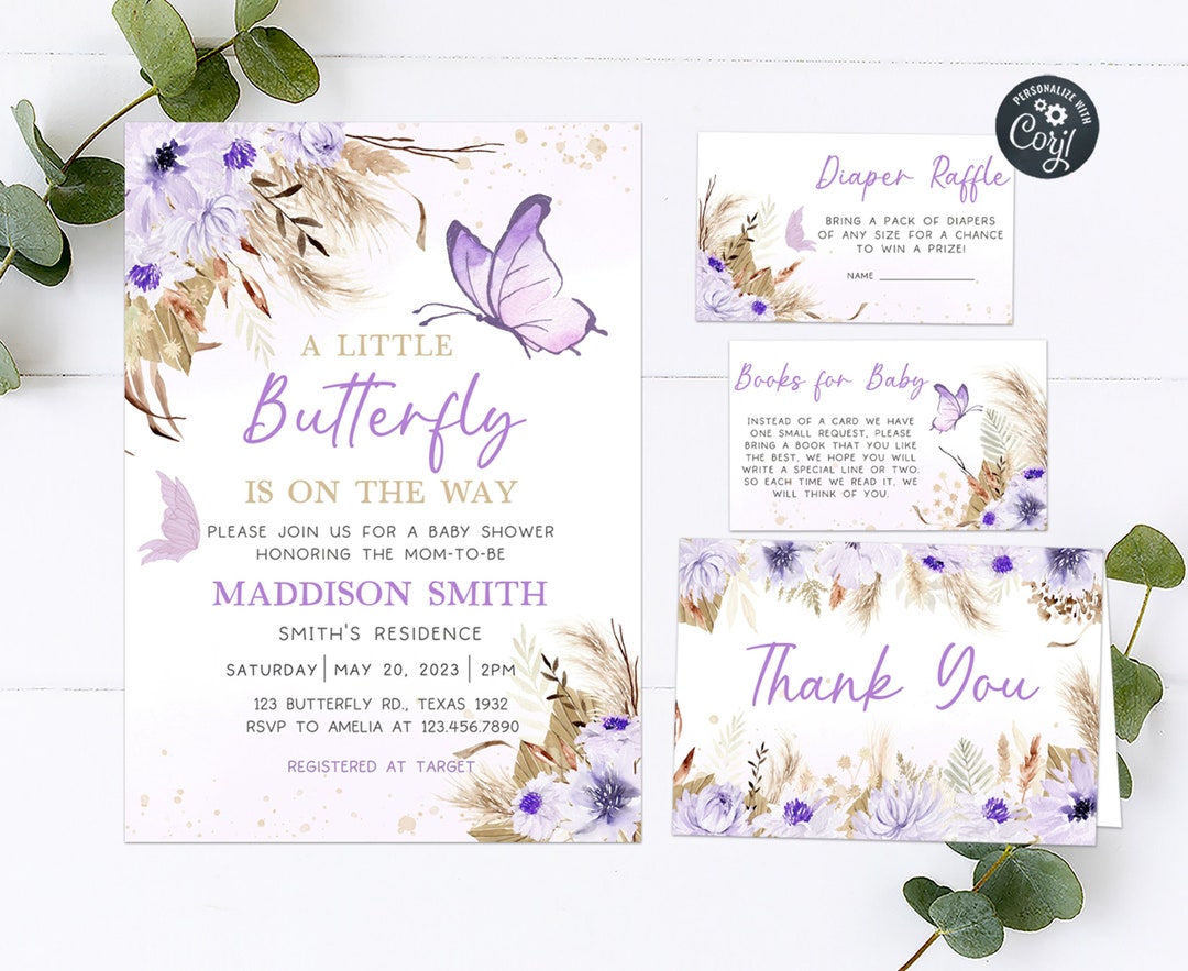 Editable Boho Butterfly Baby Shower Invitation Set, Purple Butterfly ...