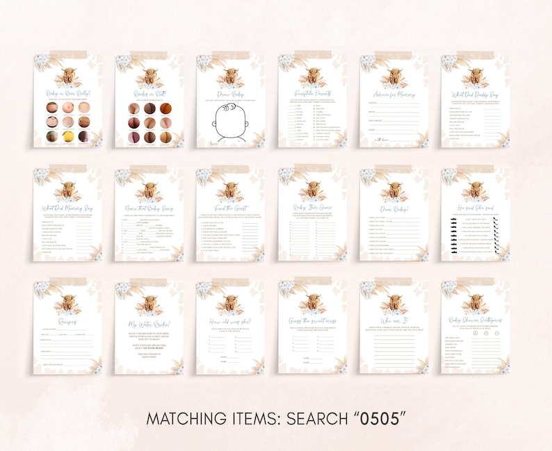 Editable Boho Highland Cow Baby Shower Games Bundle, Blue Holy Cow Baby Shower Game Pack, Boy Highland Cow Boho Baby Shower Games Set, 0505 image 3