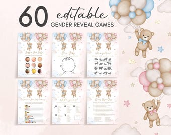 Lot de jeux de révélation de genre ours en peluche modifiable, pack de jeux de révélation de genre ballon bohème ours, jeux de société We Can Bearly Wait rose bleu, GR1