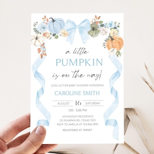 Editable Little Pumpkin Baby Shower Invitation, Blue Pumpkin Fall Baby Shower Invite, Boy Bow Floral Pumpkin Baby Shower Invitation, 01110