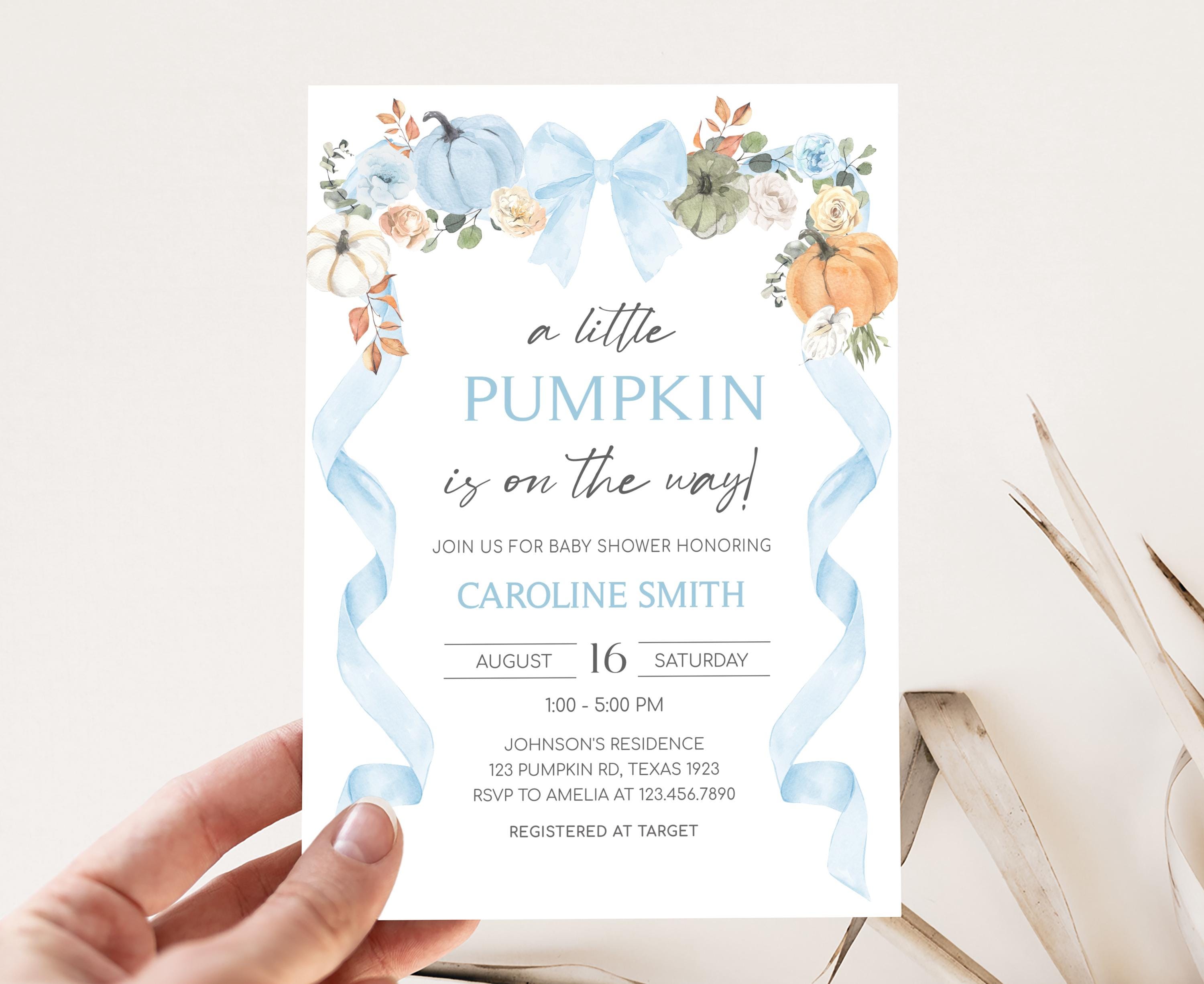 Editable Little Pumpkin Baby Shower Invitation, Blue Pumpkin Fall Baby Shower Invite, Boy Bow Floral Pumpkin Baby Shower Invitation, 01110