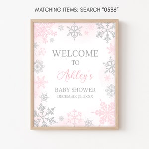 Editable Pink A Little Snowflake Baby Shower Welcome Sign, Girl Winter Snowflake Baby Shower Welcome Poster, Winter Baby Shower Sign, 0536 image 3