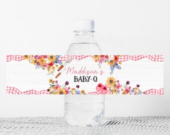 Editable Pink BBQ Baby Shower Bottle Label Baby Q Shower Water Wrap Girl Backyard Barbeque Picnic Couples Shower Printable Template 0302