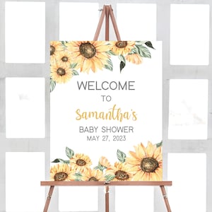 Bearbeitbares Sonnenblumen-Babyparty-Willkommensschild, rustikales Sonnenblumen-Babyparty-Willkommensplakat, Mädchen Boho-Sonnenblumen-Babypartyschild-Vorlage 0380