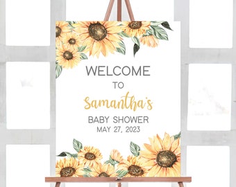 Editable Sunflower Baby Shower Welcome Sign, Rustic Sunflower Baby Shower Welcome Poster, Girl Boho Sunflower Baby Shower Sign Template 0380