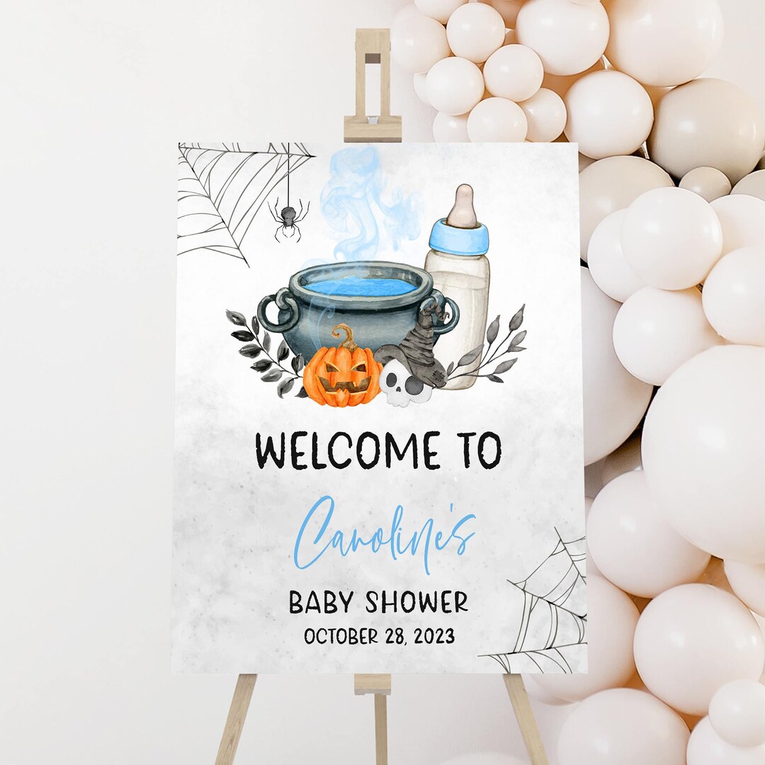 Editable Blue A Baby is Brewing Halloween Baby Shower Sign, Boy