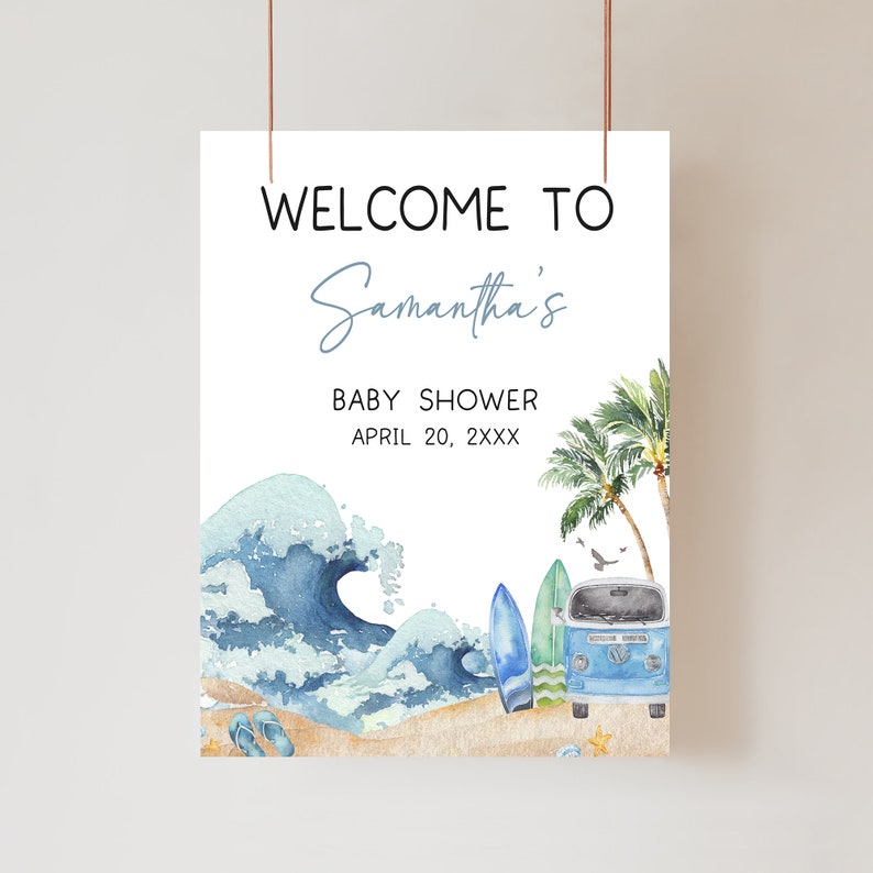 Bewerkbaar baby aan boord babyshower welkomstbord, surfstrand babyshower welkomstposter, retro surfjongen zomer babyshower adresbord, 0709 afbeelding 1