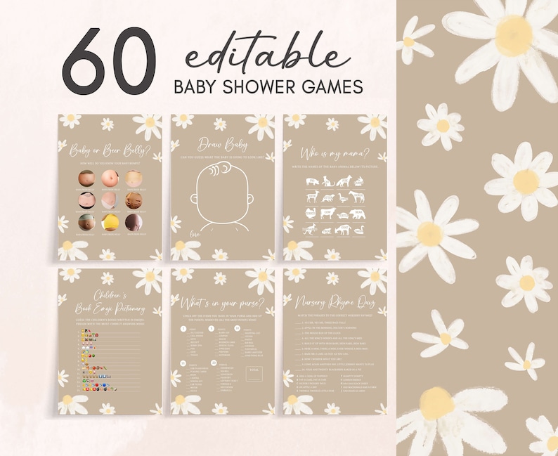 Editable Daisy Baby Shower Games Bundle, Daisy Flower Boho Baby Shower Game Pack, Groovy Daisy Retro Baby Shower Games, Spring Floral, 0634 image 1
