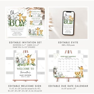 Pode incluir: Conjunto imprim&iacute;vel edit&aacute;vel para um ch&aacute; de beb&ecirc; com tema de animais da selva. O conjunto inclui um convite, um cart&atilde;o de agradecimento, uma placa de boas-vindas e um calend&aacute;rio de data de vencimento. O convite e o cart&atilde;o de agradecimento apresentam uma girafa, uma zebra, um elefante e um le&atilde;o com folhagem verde. A placa de boas-vindas diz "Bem-vindo ao ch&aacute; de beb&ecirc; de Samantha em 8 de julho de 2023". O calend&aacute;rio de data de vencimento tem um tema de animais da selva e diz "Adivinhe a data de nascimento do beb&ecirc; Samantha".