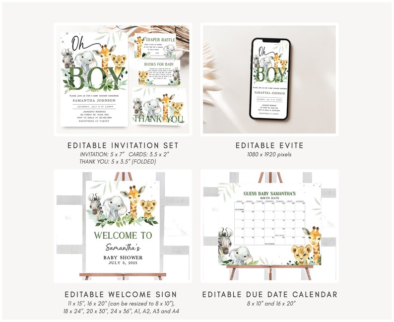 Pode incluir: Conjunto imprim&iacute;vel edit&aacute;vel para um ch&aacute; de beb&ecirc; com tema de animais da selva. O conjunto inclui um convite, um cart&atilde;o de agradecimento, uma placa de boas-vindas e um calend&aacute;rio de data de vencimento. O convite e o cart&atilde;o de agradecimento apresentam uma girafa, uma zebra, um elefante e um le&atilde;o com folhagem verde. A placa de boas-vindas diz "Bem-vindo ao ch&aacute; de beb&ecirc; de Samantha em 8 de julho de 2023". O calend&aacute;rio de data de vencimento tem um tema de animais da selva e diz "Adivinhe a data de nascimento do beb&ecirc; Samantha".