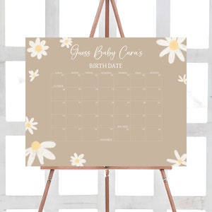 Bearbeitbarer Daisy Babyparty Fälligkeitsdatumskalender, Daisy Flower Boho Babypartykalender, Groovy Daisy Retro Geburtstagsvorhersagen, 0634