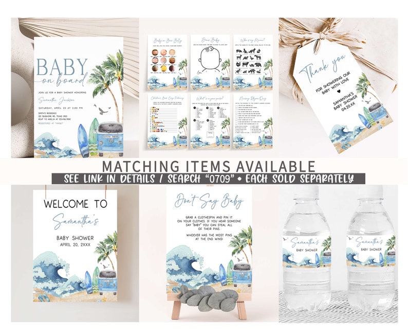 Editable Baby on Board Baby Shower Games Bundle, Surf Beach Baby Shower Game Pack, Retro Surf Boy Summer Baby Shower Games Template, 0709 image 2