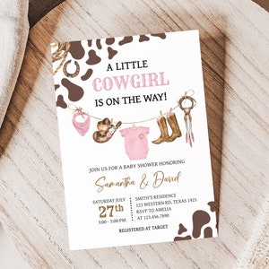 Editable Little Cowgirl Baby Shower Invitation, Girl Baby Clothes Baby Shower Invite, Pink Wild West Rodeo Baby Shower Invitation, 0727