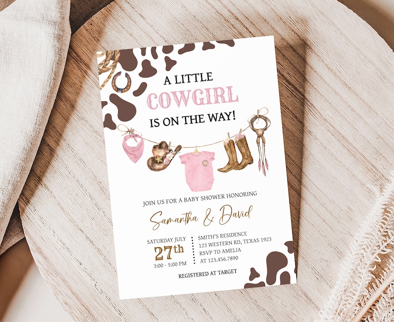 Editable Little Cowgirl Baby Shower Invitation, Girl Baby Clothes Baby Shower Invite, Pink Wild West Rodeo Baby Shower Invitation, 0727 image 1