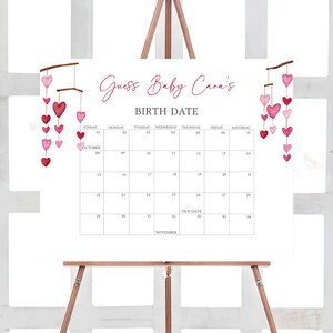 Editable Valentine Baby Shower Due Date Calendar, Pink Red Heart Baby Shower Calendar, Girl A Little Sweetheart Birthday Predictions, 0595 image 1