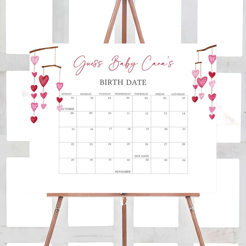 Editable Valentine Baby Shower Due Date Calendar, Pink Red Heart Baby Shower Calendar, Girl A Little Sweetheart Birthday Predictions, 0595 image 1