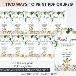 May include: Printable thank you tags for a baby shower. The tags feature a jungle theme with a giraffe, monkey, elephant, and lion. The text on the tags reads "Thank you for showering our baby with love" and includes the name Samantha and the date 05.06.23.