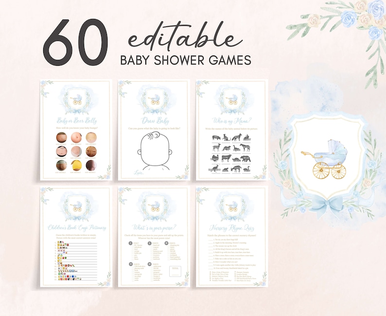 Editable Blue Watercolor Crest Baby Shower Games Bundle, Boy Bow Crest ...