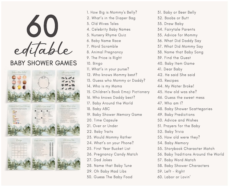 60 Editable Woodland Adventure Baby Shower Games Bundle, Baby Shower Bingo Game, Old Wives Tales, Baby Shower Game, Baby Shower Games Baby Shower Bundle, Shower Games, Printable Games, Baby Shower Activity, Fun Baby Shower Game, Baby Predictions