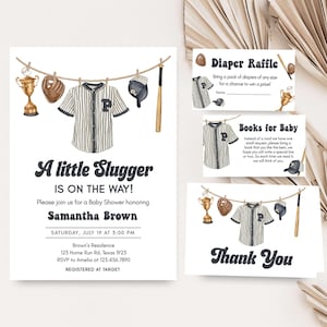 Editable Baseball Baby Shower Invitation Bundle, A Little Slugger Is On The Way Baby Shower Invite Set, Boy Sports Baby Shower Invite, 01062
