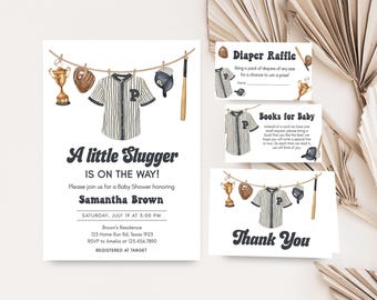 Editable Baseball Baby Shower Invitation Bundle, A Little Slugger Is On The Way Baby Shower Invite Set, Boy Sports Baby Shower Invite, 01062