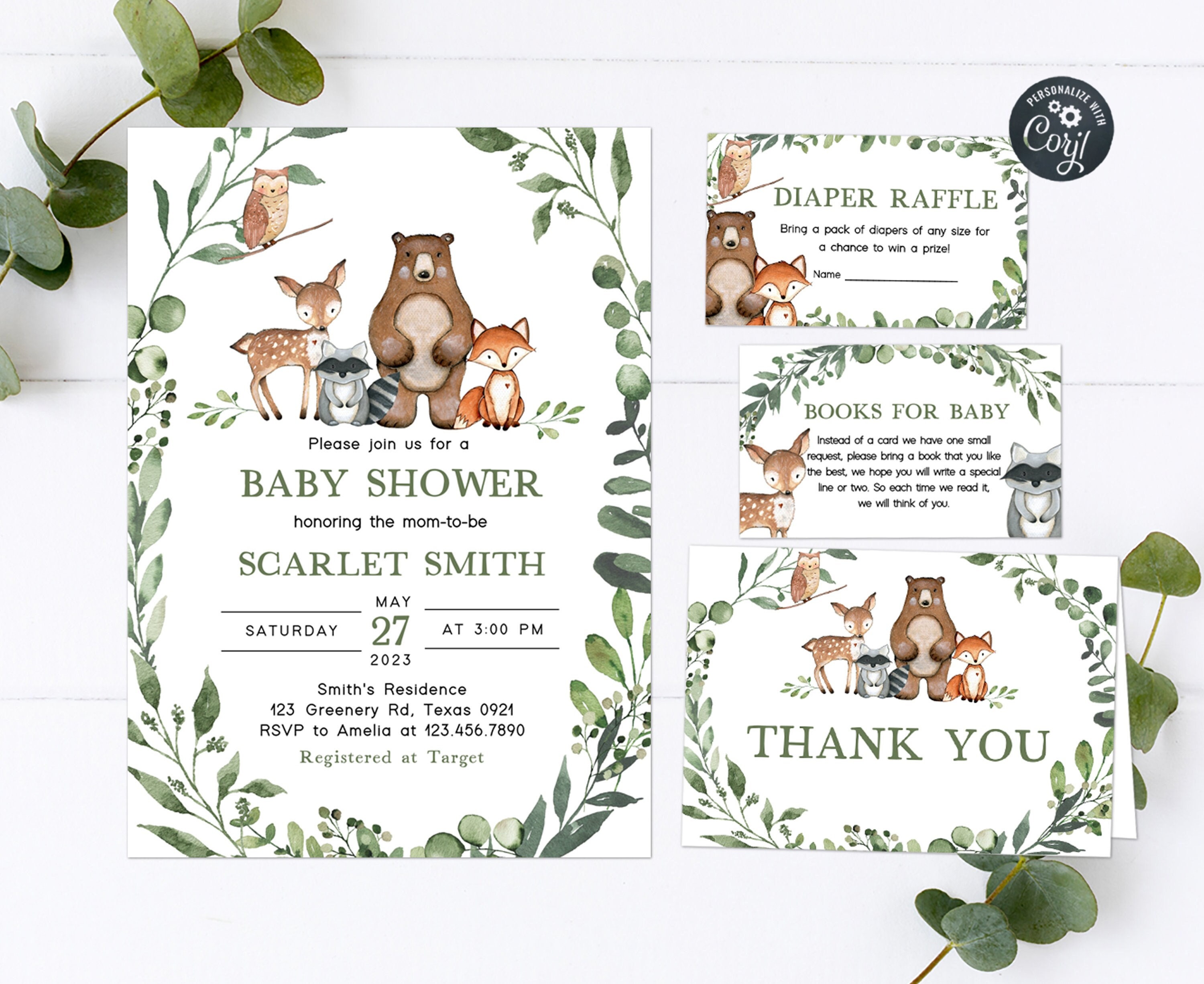 Ensemble d'invitations pour baby shower des bois modifiable