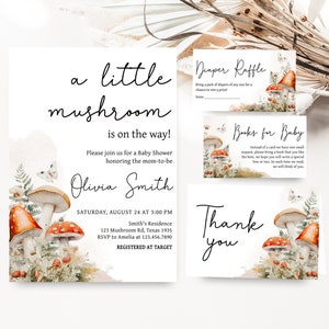 Editable Little Mushroom Baby Shower Invitation Bundle, Mushroom Fall Baby Shower Invite Set, Enchanted Forest Woodland Baby Shower, 0849