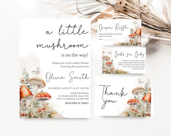 Editable Little Mushroom Baby Shower Invitation Bundle, Mushroom Fall Baby Shower Invite Set, Enchanted Forest Woodland Baby Shower, 0849