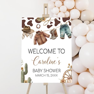 Cartello di benvenuto modificabile A Little Cowboy Baby Shower, vestiti da cowboy per neonati, poster di benvenuto per baby shower Rodeo, baby shower Wild West Western 01039