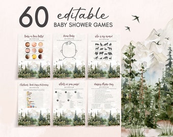 Bewerkbaar Let the Adventure Begin Babyshower-gamebundel, avontuur wacht op babyshower-gamepakket, Woodland Mountain-babyshowergames, 0737