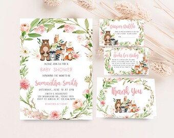 Editable Pink Floral Woodland Baby Shower Invitation Bundle, Girl Woodland Animals Baby Shower Invite Set, Greenery Floral Baby Shower, 0295