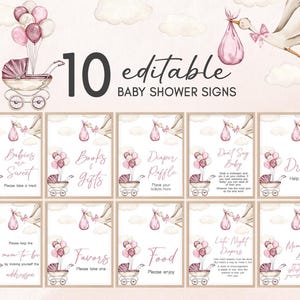 Editable Special Delivery Stork Baby Shower Table Sign, Pink Stork Baby Sprinkle Bundle Sign, Boho Carriage Girl Baby Shower Sign, 01091
