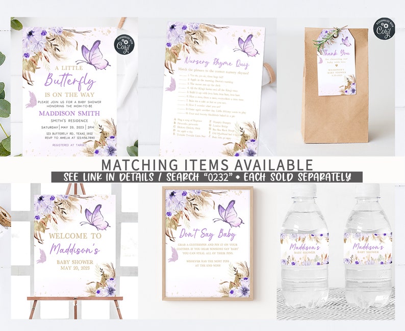K&ouml;nnte beinhalten: Ein Set mit druckbaren Babyparty-Dekorationen mit einem lila Schmetterling und einem floralen Design. Das Set beinhaltet ein Willkommens-Schild, ein Schild mit der Aufschrift "Sag nicht Baby", ein Kinderlied-Spiel, ein Etikett f&uuml;r Wasserflaschen und ein Dankesch&ouml;n-Etikett. Der Text auf dem Willkommens-Schild lautet "Willkommen zur Babyparty von Maddison am 20. Mai 2023".