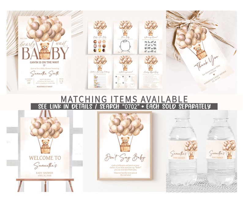 May include: A set of printable baby shower decorations featuring a teddy bear in a hot air balloon with brown, beige, and white balloons. The text on the invitation reads "We can bearly wait Baby Gavin is on the way!" and includes the name Samantha Smith. The text on the welcome sign reads "Welcome to Samantha's Baby Shower". The text on the don't say baby sign reads "Don't Say Baby". The text on the thank you tag reads "Thank You for celebrating with us and baby Samantha's Baby Shower".