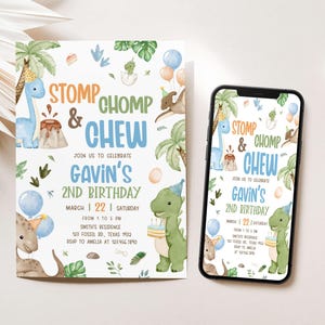 May include: A digital invitation for a dinosaur themed second birthday party. The invitation features a green dinosaur holding a cake, a blue dinosaur, and a volcano. The text on the invitation reads "Stomp Chomp & Chew, Join us to celebrate Gavin's 2nd Birthday, March 22 | Saturday, From 1 to 5 PM, Smith's Residence, 123 Fossil Rd, Texas 1932, RSVP to Amelia at 129.956.7890".
