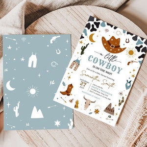 May include: A white invitation with a cowboy hat, stars, and cacti. The text reads "a little cowboy is on the way!" and includes the date, time, and location of a baby shower honoring Samantha Smith.
