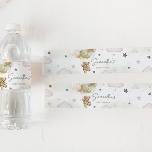 Edytowalna etykieta na butelkę Baby Shower z motywem Misia, Etykieta na wodę na Baby Shower We Can Bearly Wait, Zielone naklejki na butelki z motywem Misia, 0604 zdjęcie 3