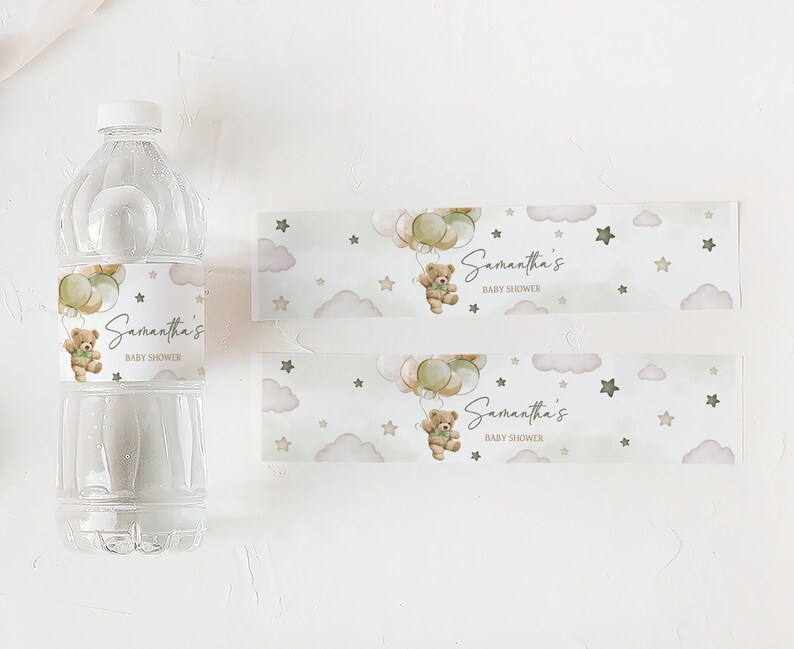 Edytowalna etykieta na butelkę Baby Shower z motywem Misia, Etykieta na wodę na Baby Shower We Can Bearly Wait, Zielone naklejki na butelki z motywem Misia, 0604 zdjęcie 3