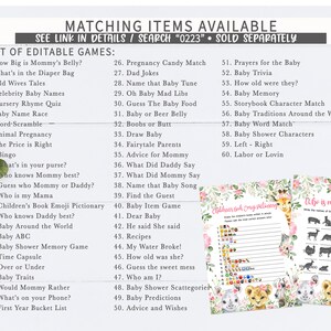 May include: A printable set of baby shower games with a jungle animal theme. The games include "How Big is Mommy's Belly?", "What's in the Diaper Bag", "Old Wives Tales", "Celebrity Baby Names", "Nursery Rhyme Quiz", "Baby Name Race", "Word-Scramble", "Animal Pregnancy", "The Price is Right", "Bingo", "What's in your purse?", "Who knows Mommy best?", "Guess who Mommy or Daddy?", "Who is my Mama", "Children's Book Emoji Pictionary", "Who knows Daddy best?", "Baby Around the World", "Baby ABC", "Baby Shower Memory Game", "Time Capsule", "Over or Under", "Baby Traits", "Would Mommy Rather", "What's on your Phone?", "First Year Bucket List", "Pregnancy Candy Match", "Dad Jokes", "Name that Baby Tune", "Oh Baby Mad Libs", "Guess The Baby Food", "Baby or Beer Belly", "Boobs or Butt", "Draw Baby", "Fairytale Parents", "Advice for Mommy", "What Did Daddy Say", "What Did Mommy Say", "Name that Baby Song", "Find the Guest", "Baby Item Game", "Dear Baby", "He said She said", "Recipes", "My Water Broke!", "How old was she?", "Guess the sweet mess", "Who am I?", "Baby Shower Scattegories", "Baby Predictions", "Advice and Wishes", "Prayers for the Baby", "Baby Trivia", "How old were they?", "Baby Memory", "Storybook Character Match", "Baby Traditions Around the World", "Baby Word Match", "Baby Shower Characters", "Left - Right", "Labor or Lovin".